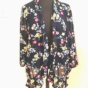 Bedford Fair Sheer Coverup Jacket, Navy w/Colorful Flowers & Ruffles, Size 2X
